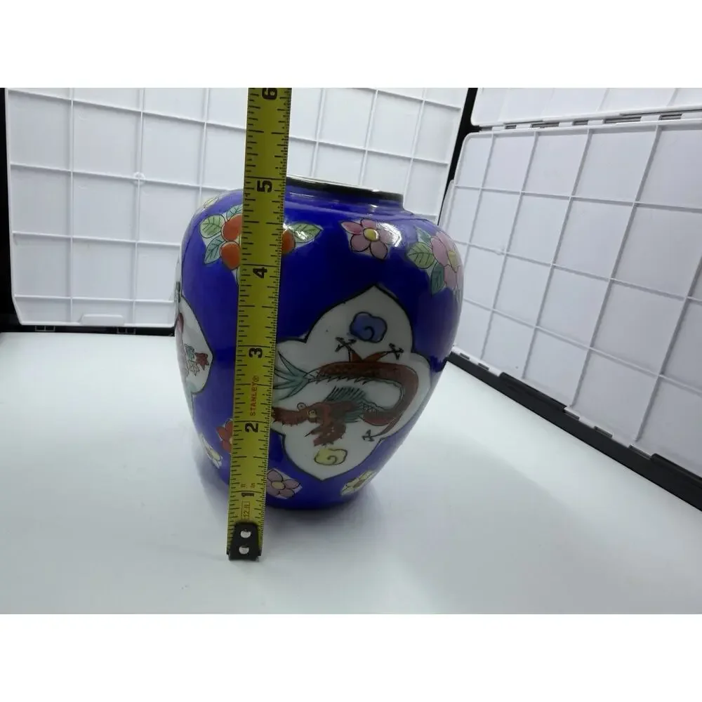 Antique Enameled Japanese Porcelain Vase, Cobalt Blue, Flowers Birds Dragon VTG